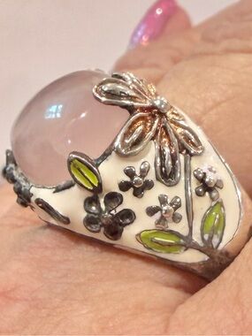 Vintage David Sigal Sterling Silver Rose Quartz Floral Enamel Statement Ring 10